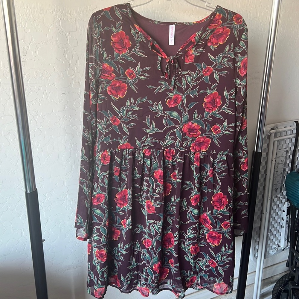 Long Sleeve Dark Purple/ Red Floral Dress